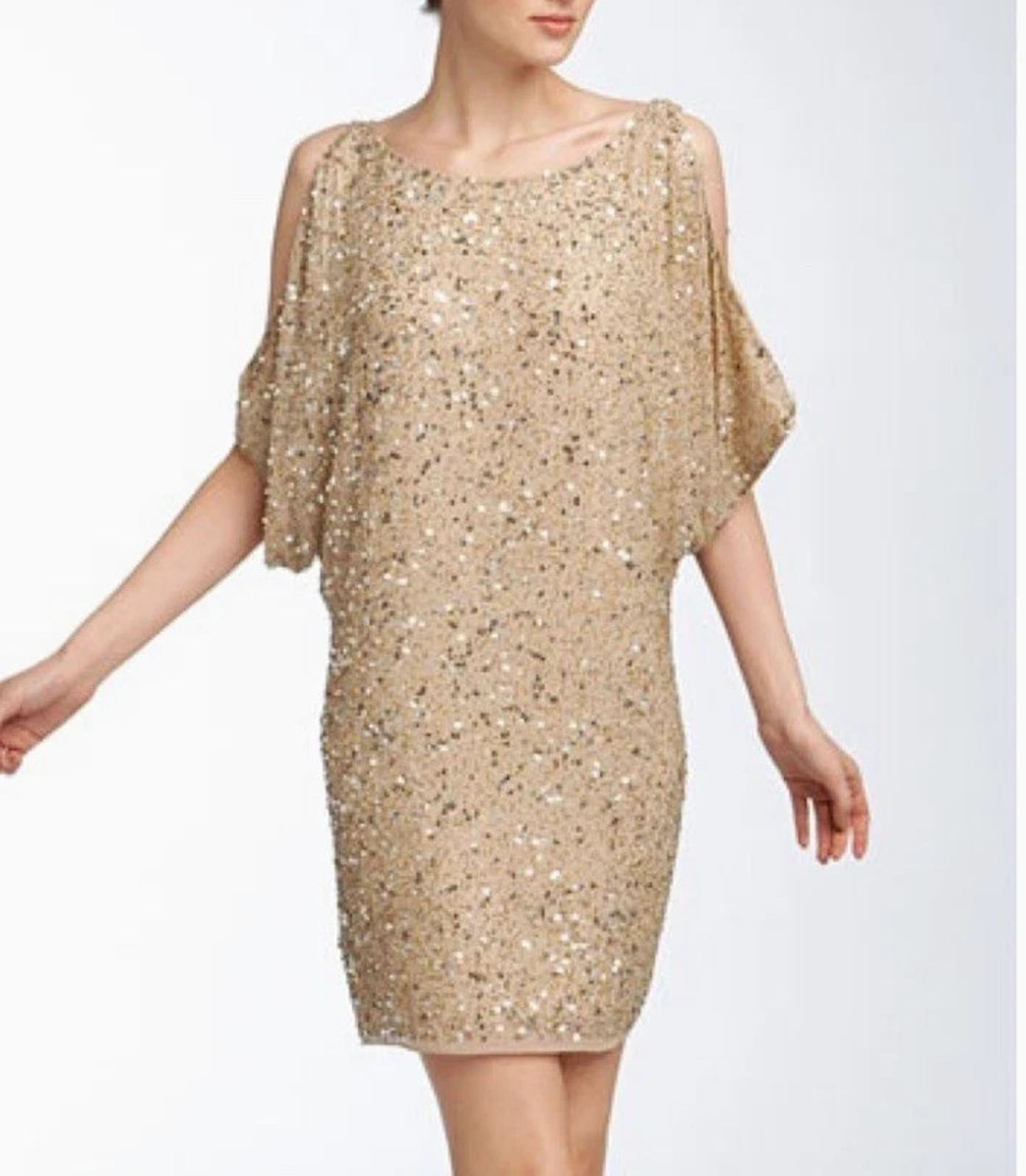 Aidan Mattox Gold Sequin Silk Dolman Cold Shoulder Cocktail Dress 16 A008915